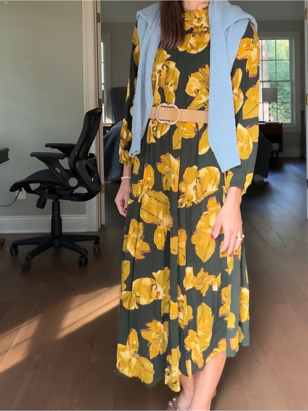 Floral Tiered Midi Dress Dark Green & Yellow